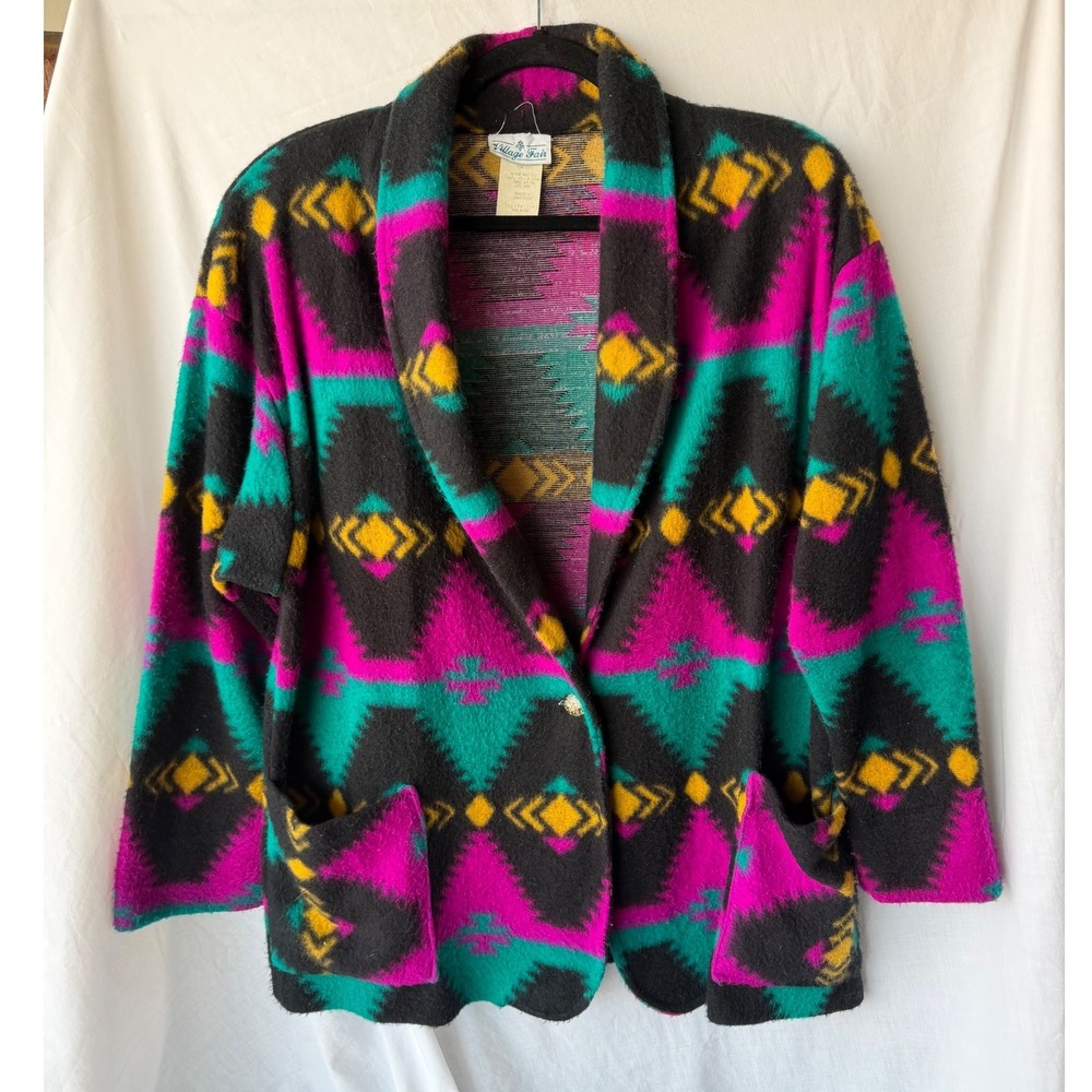 Village Fair Cardigan Jacket Sweater Fleece Geometric Southwestern Plus 1X